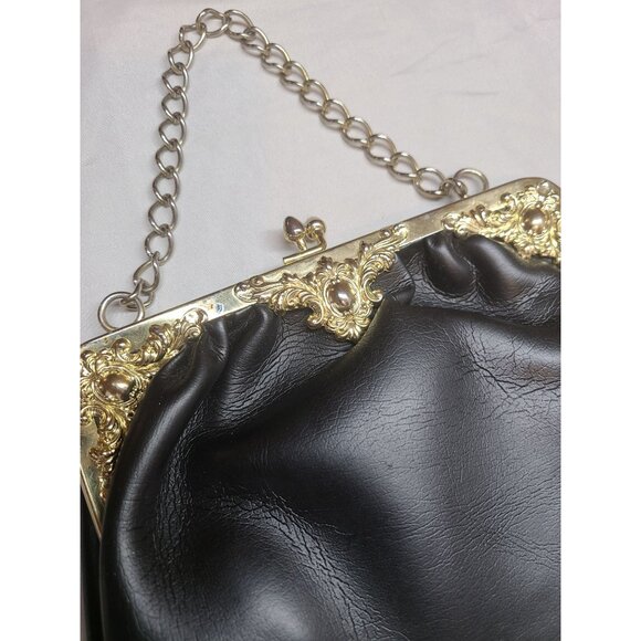 Vintage Black Faux Leather Handbag Purse With Gold Chain Strap Filigree Hardware - Picture 3 of 6